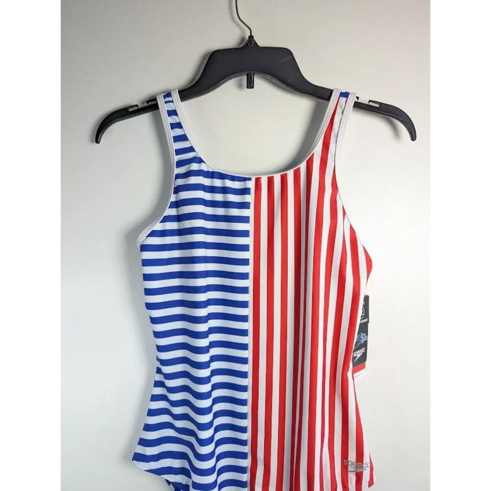 SPEEDO Swimsuit Kid Girls Size 16 One Piece Stripe Chlorine Resistant Summer NEW